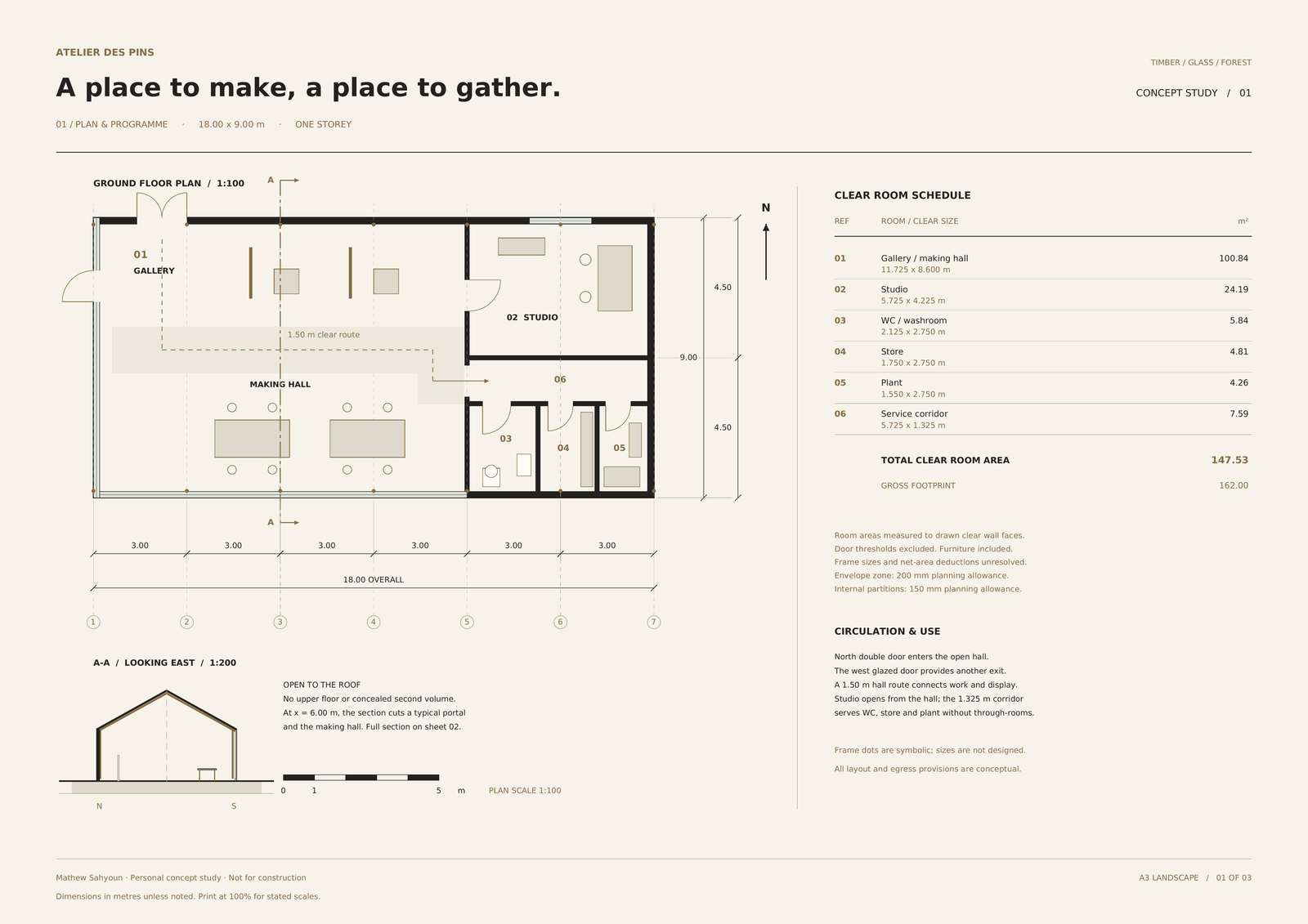 Atelier des Pins — Ground plan & frame grid. Design drawing; not for construction.