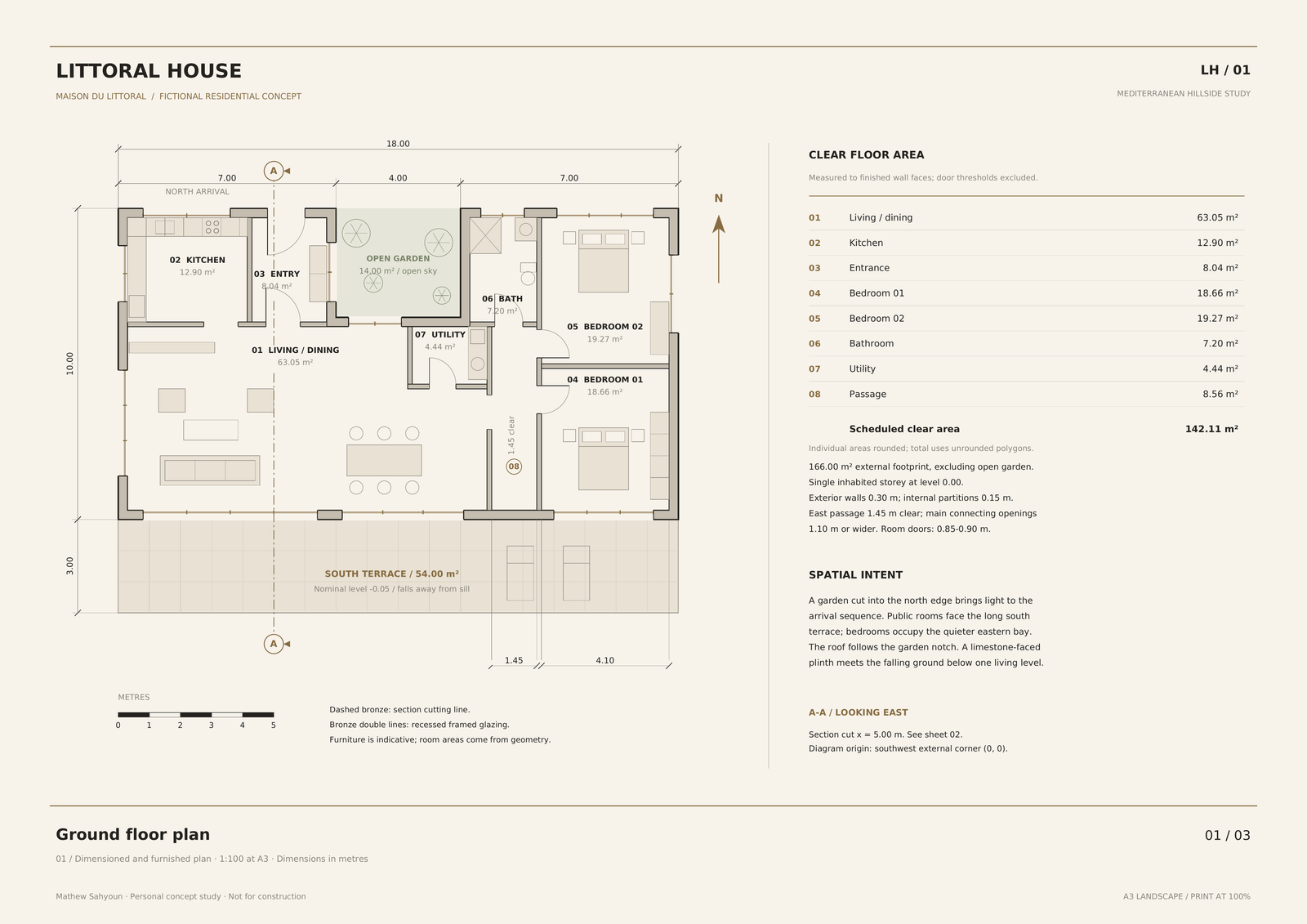 Littoral House — Ground plan. Design drawing; not for construction.