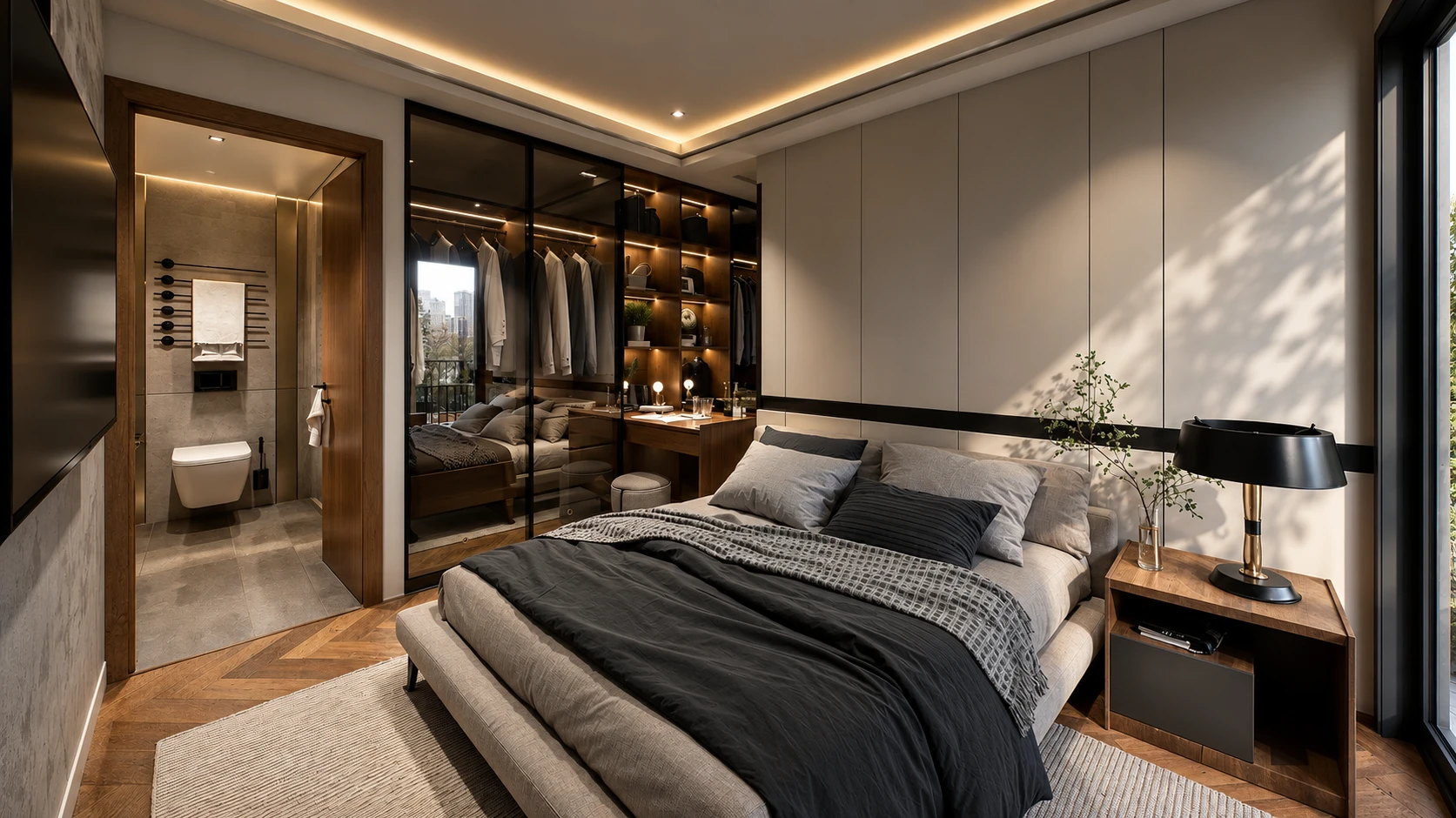 Apartment Renovation — Proposal — bedroom with illuminated wardrobe and dressing area