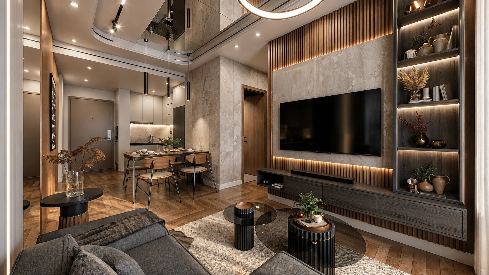 Apartment Renovation — Proposal — media wall, display shelving and dining area