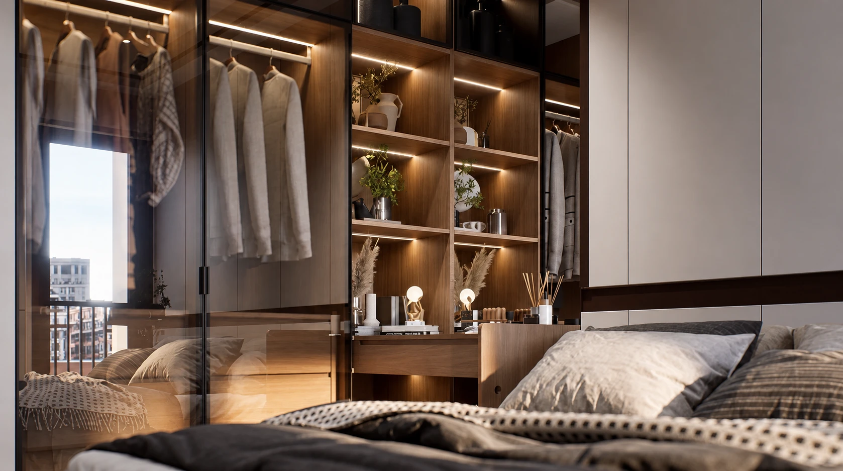 Apartment Renovation — Detail — illuminated wardrobe and dressing area