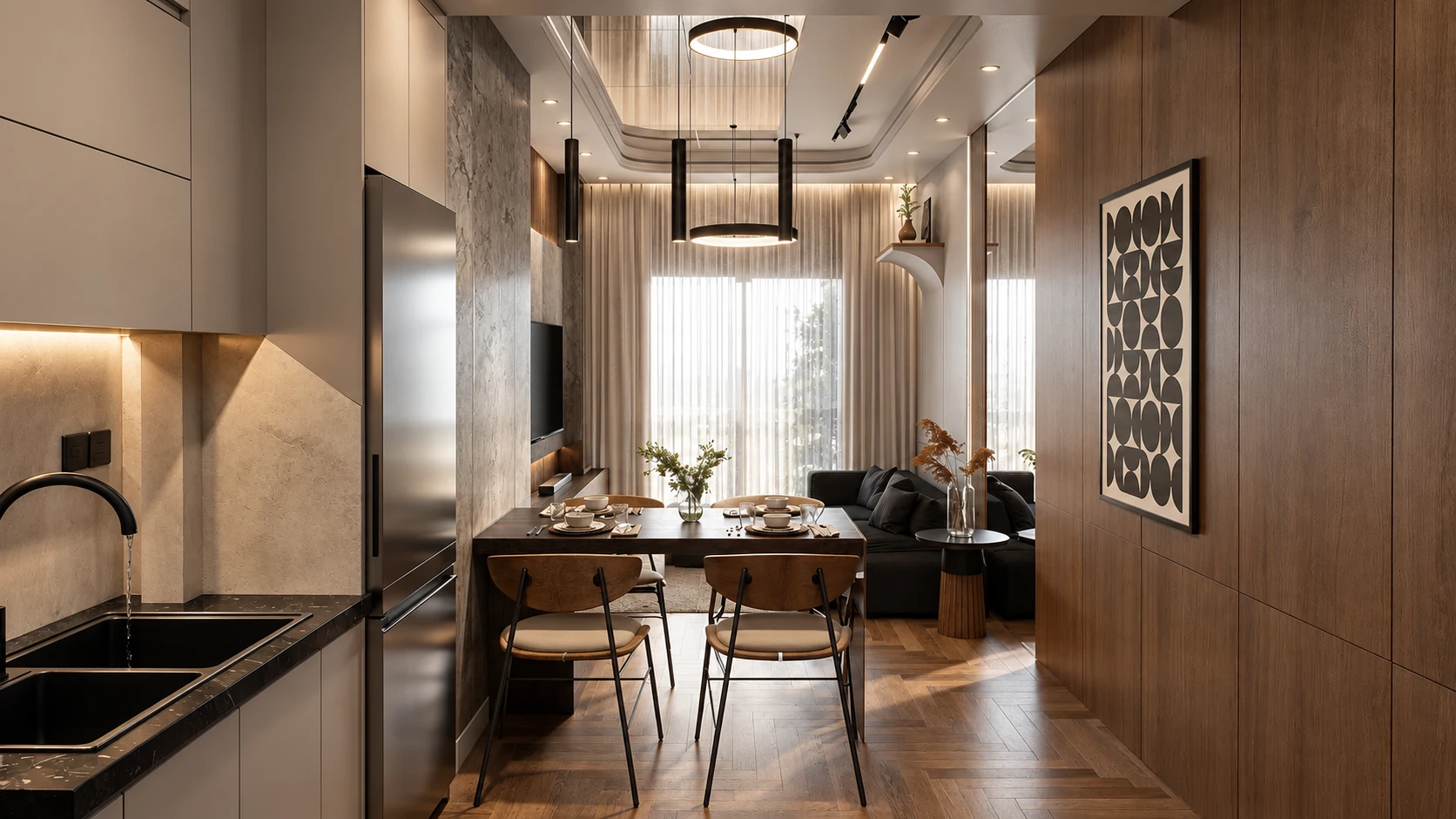 Apartment Renovation — Proposal — kitchen, dining and living spaces
