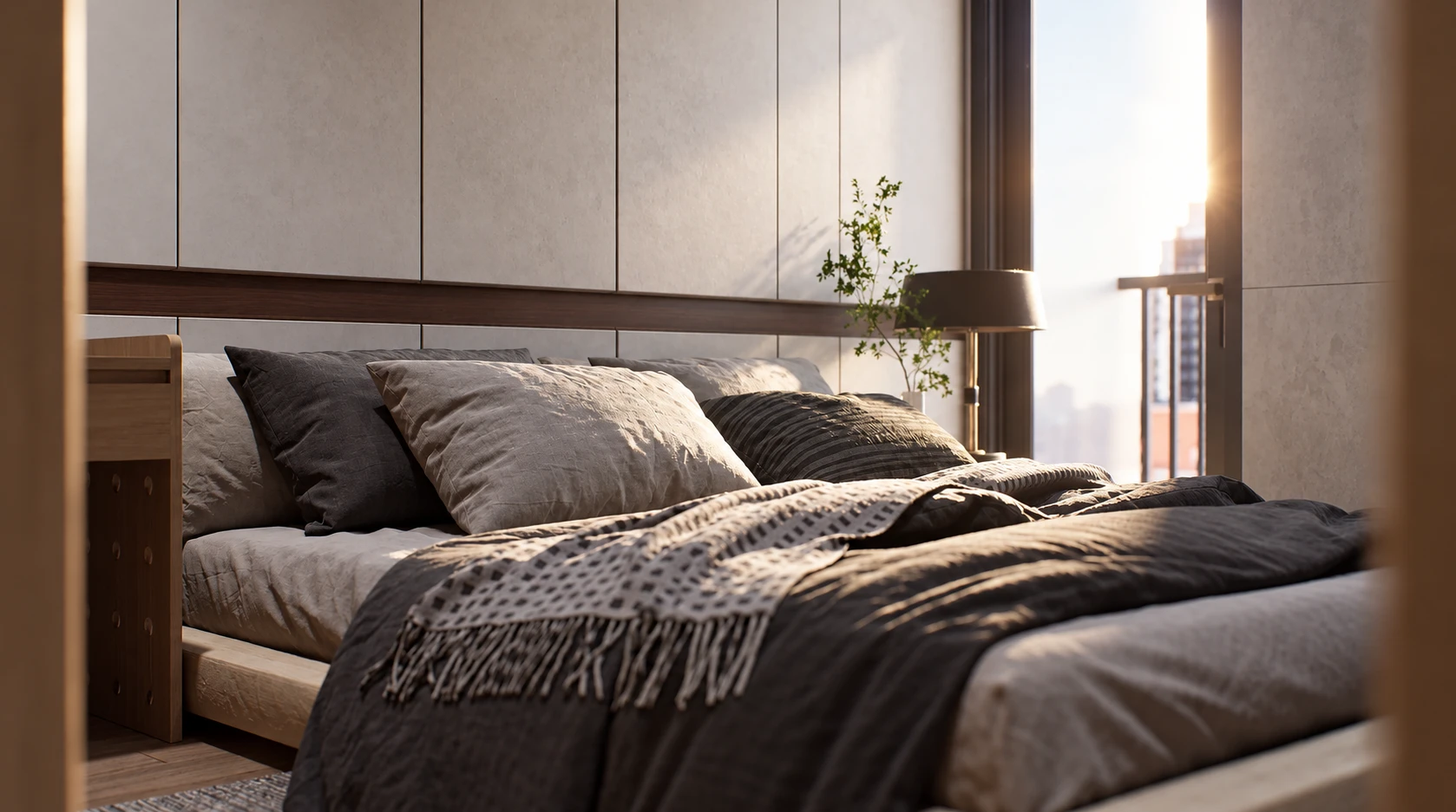 Apartment Renovation — Detail — bedroom materials and lighting