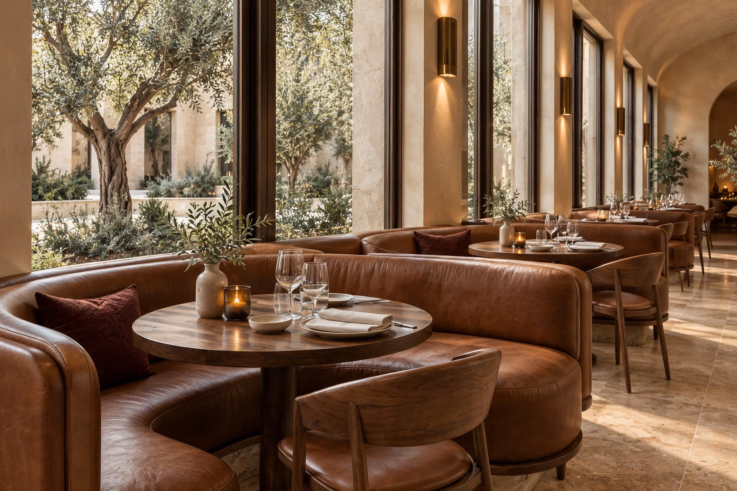Ambra Restaurant — Curved leather banquettes beside tall windows opening views to the planted courtyard.
