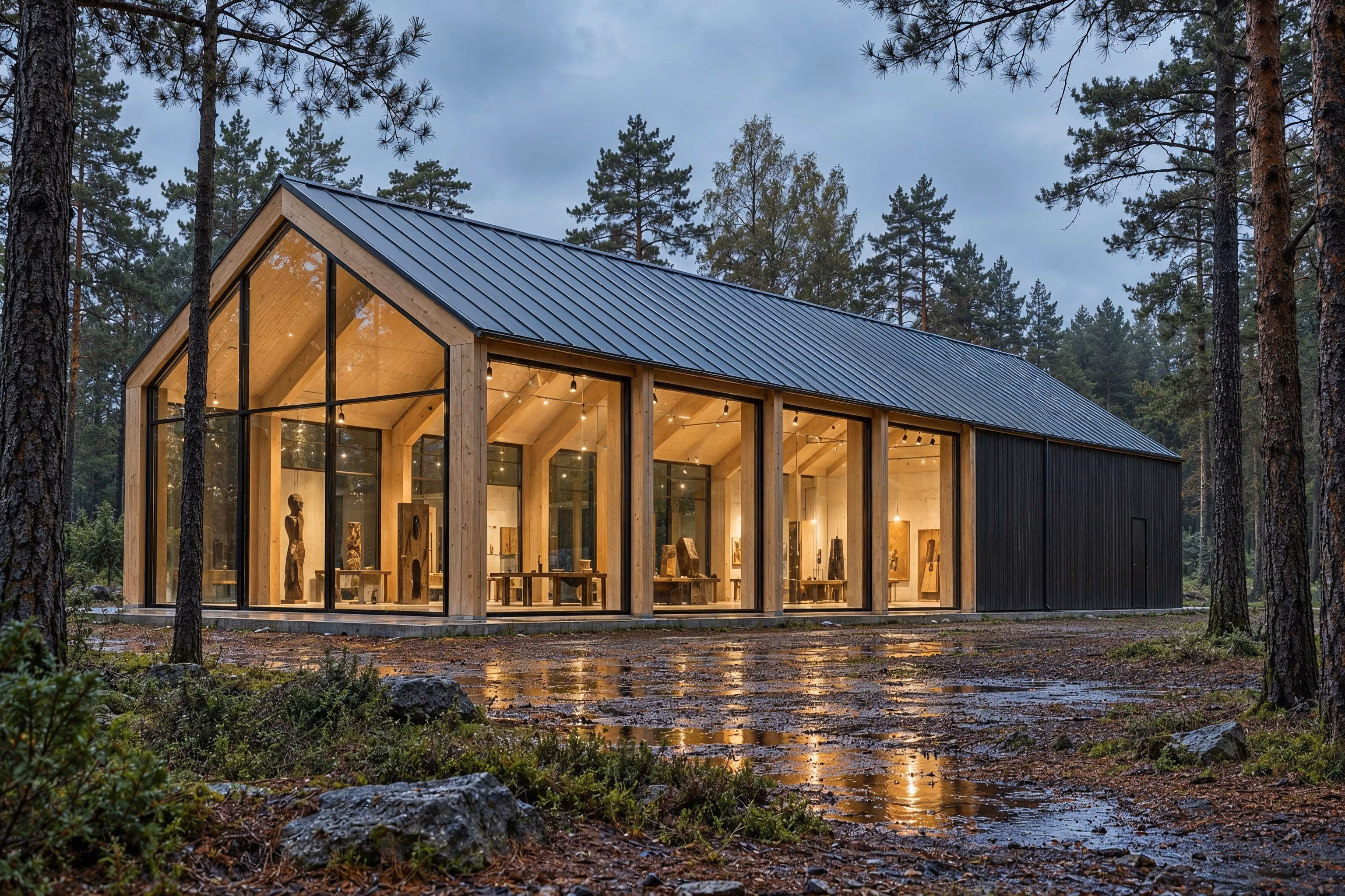 Atelier des Pins — Glazed gallery and timber service volume