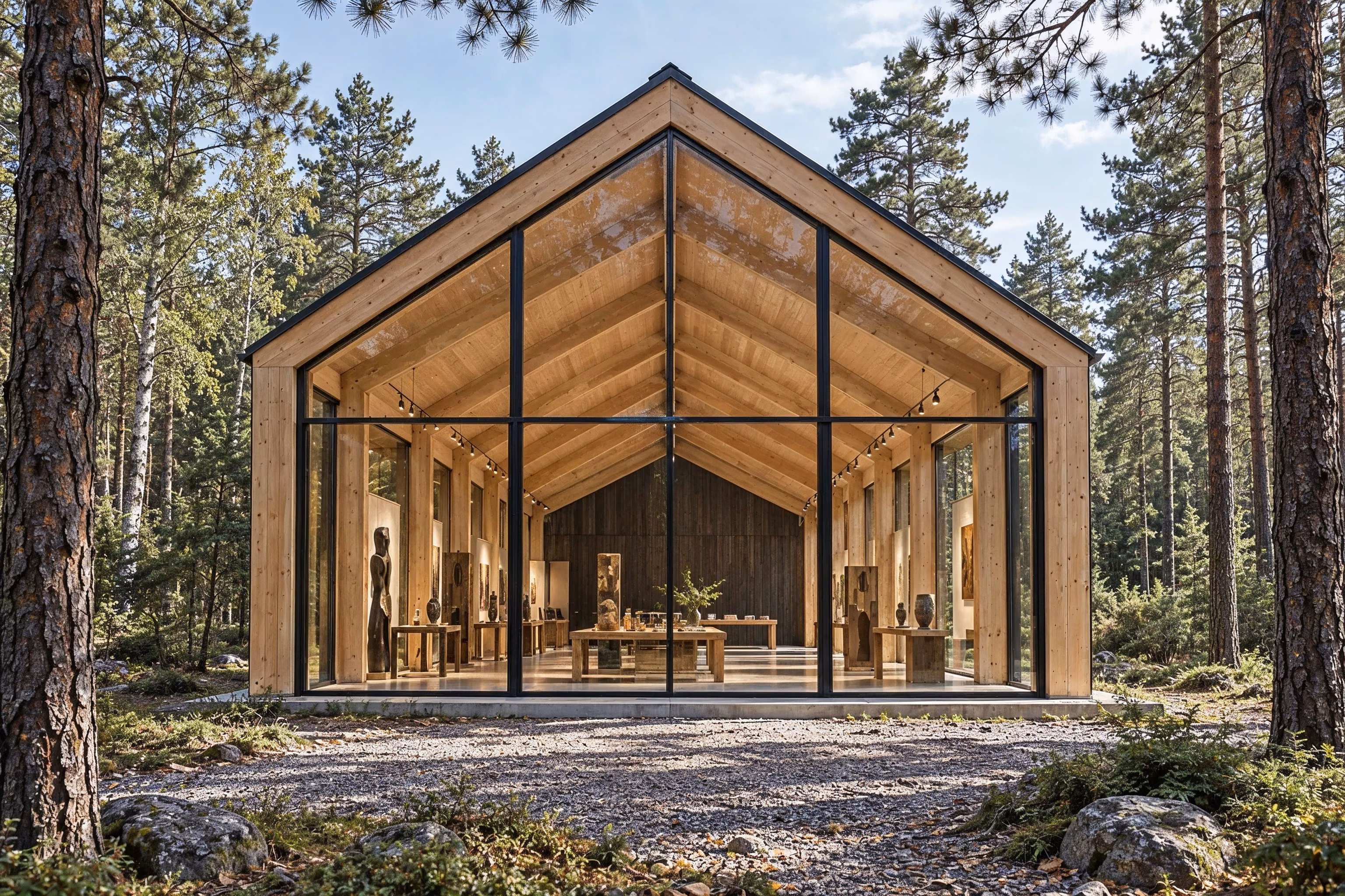 Atelier des Pins — The glazed west gable frames the gallery within a pine clearing.