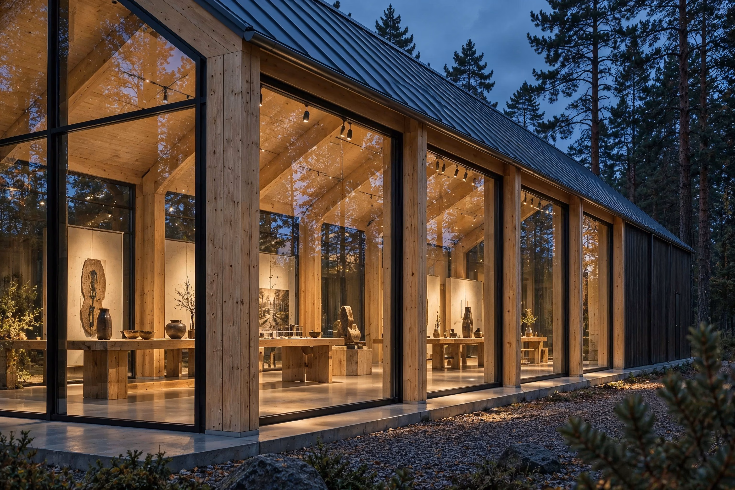 Atelier des Pins — At blue hour, warm gallery light reveals the timber frame beneath the standing-seam roof.