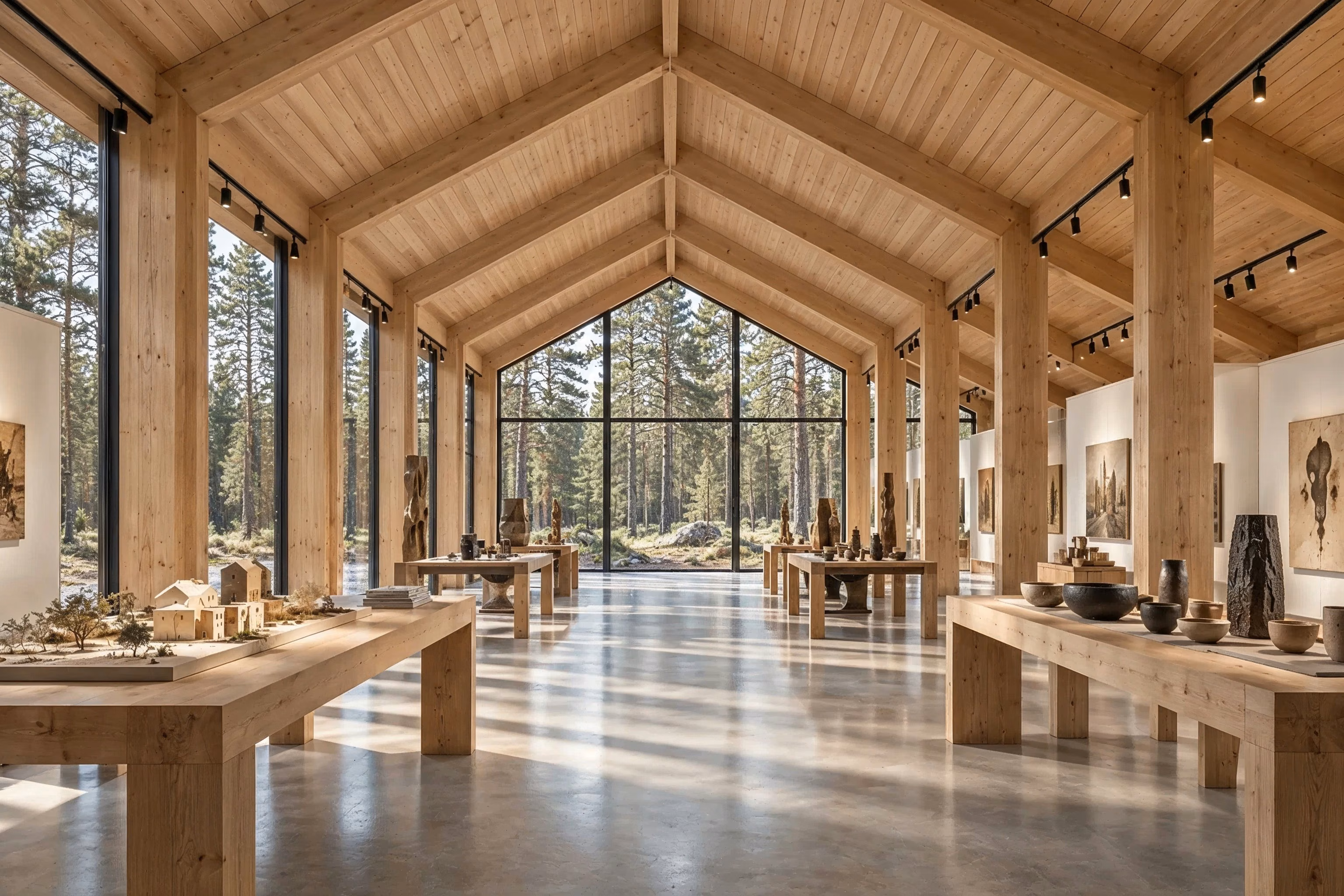 Atelier des Pins — The timber hall opens toward the full-height glazed gable and pine forest.