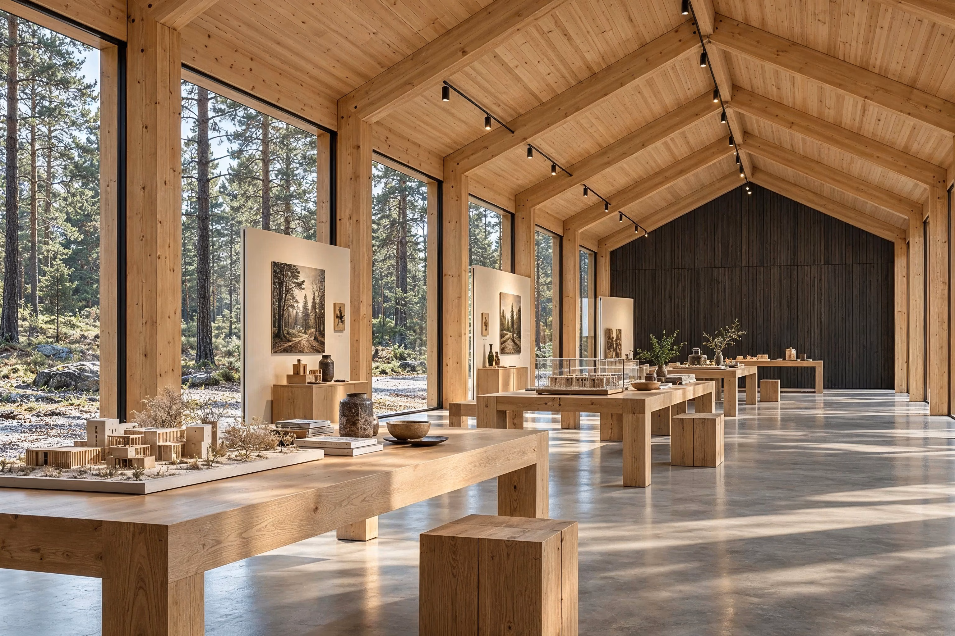 Atelier des Pins — A diagonal gallery view reveals oak model tables, cream panels, and the rhythm of glulam frames.