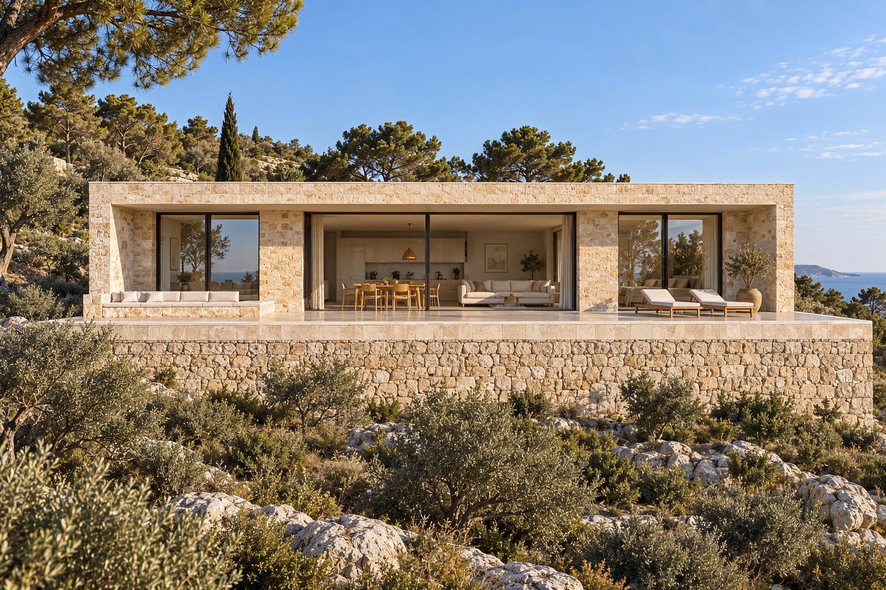 Littoral House — The south façade and limestone terrace in morning light.