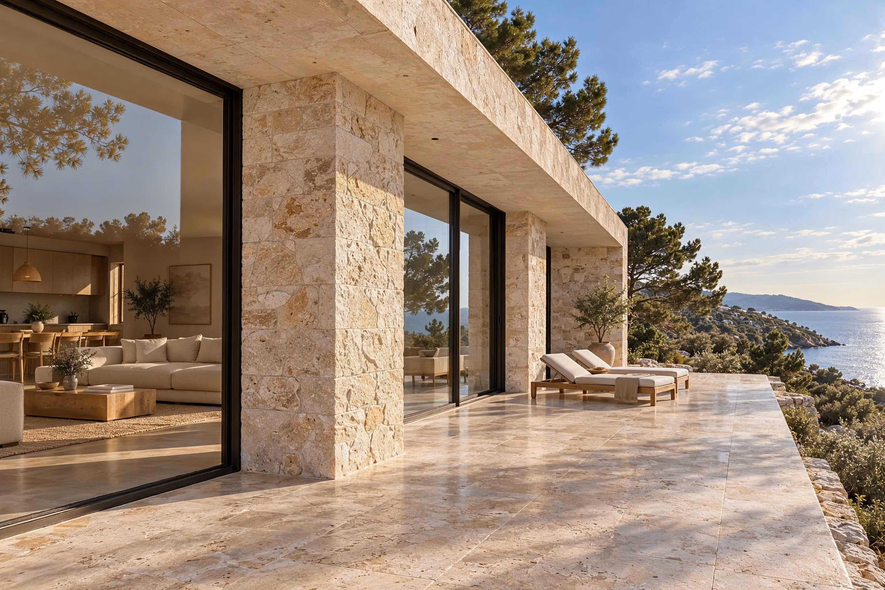 Littoral House — Limestone piers, terrace paving, and bronze glazing form a quiet material composition.