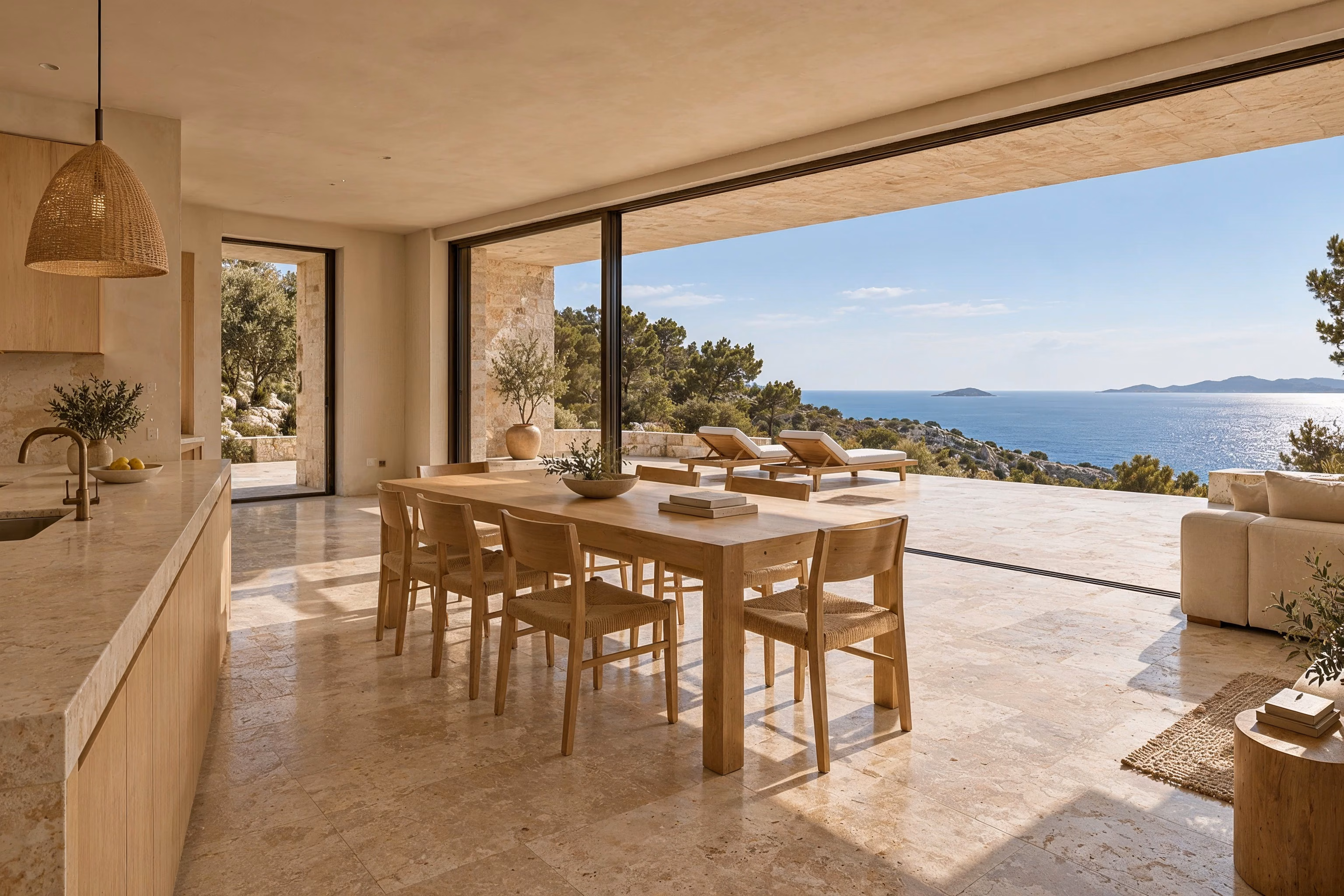 Littoral House — The oak dining area and kitchen open toward the south terrace and sea.