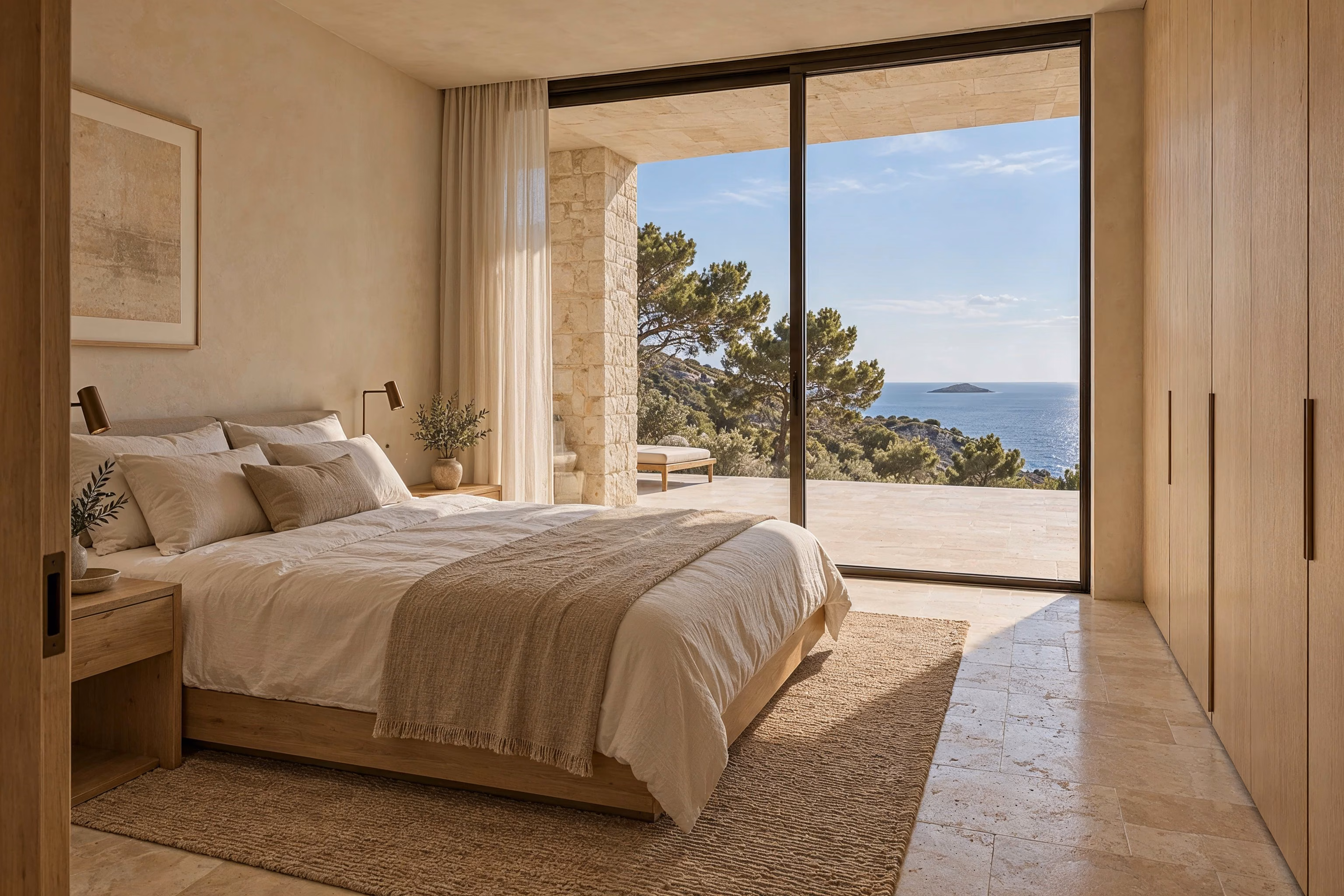 Littoral House — A sea-facing bedroom pairs pale oak storage with linen and lime plaster.