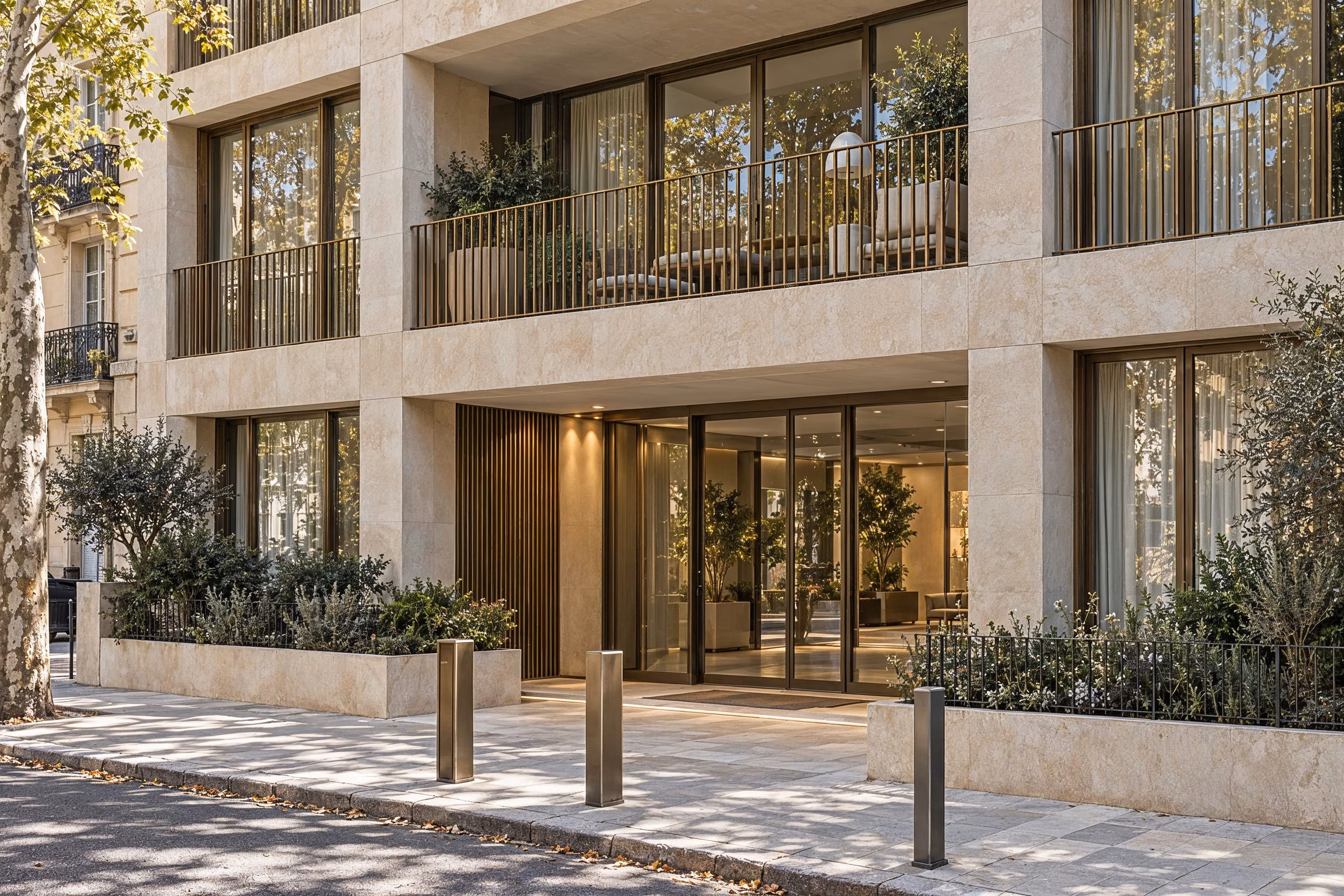 Résidence Sillage — Bronze entrance doors set within a deep limestone reveal.