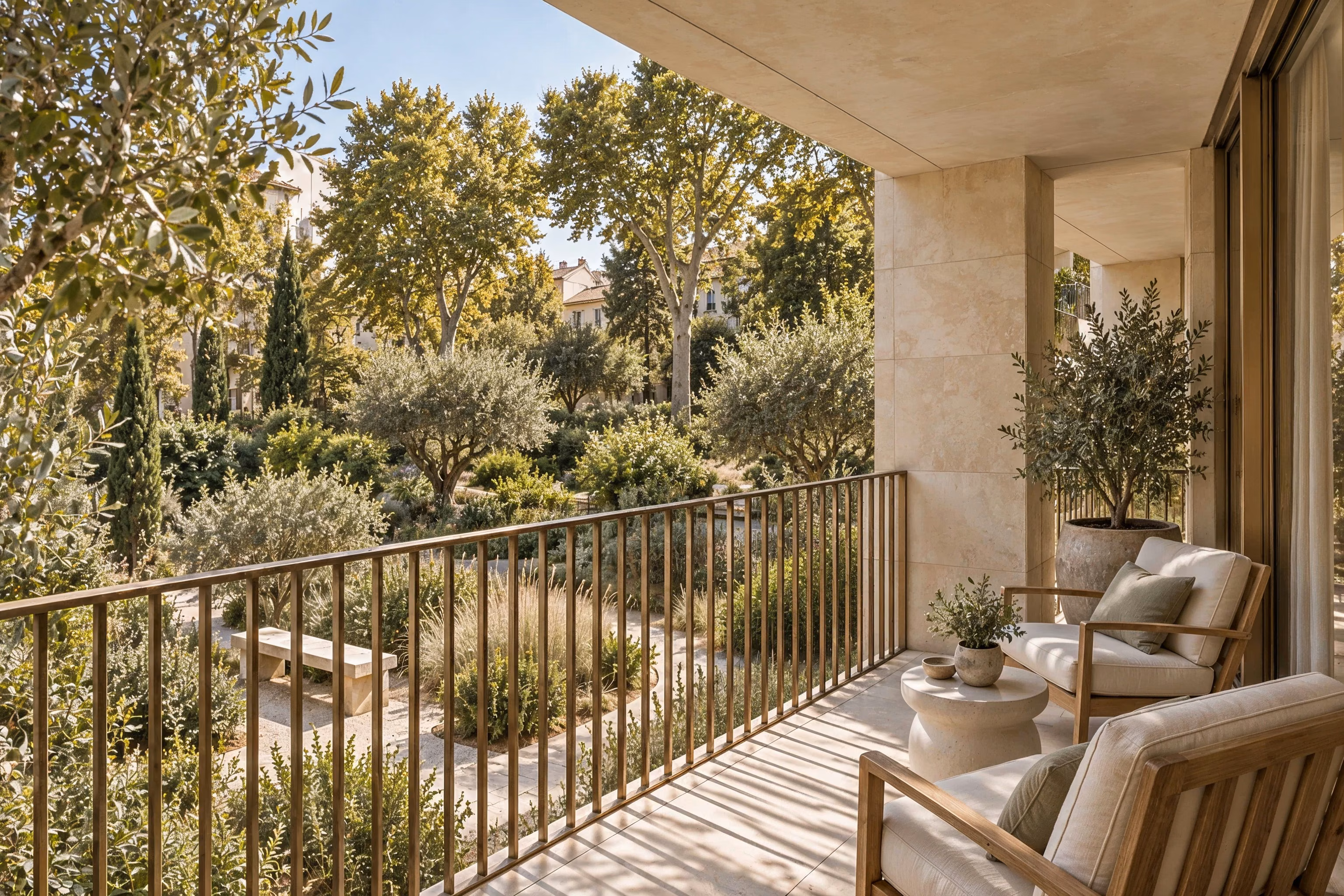 Résidence Sillage — A shaded limestone loggia overlooking the shared garden.