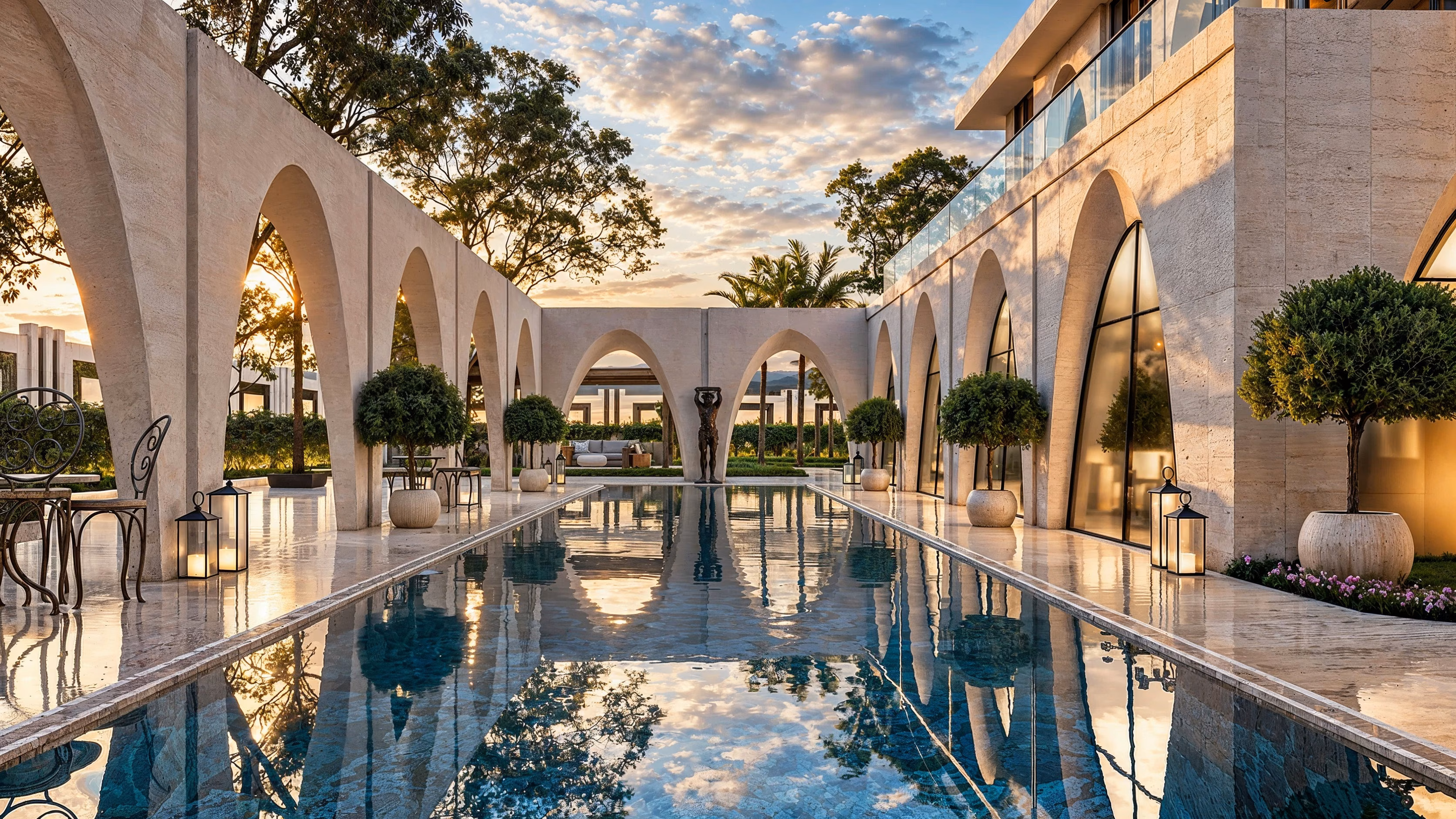 Villa Wardeh — arches and reflections around the courtyard pool