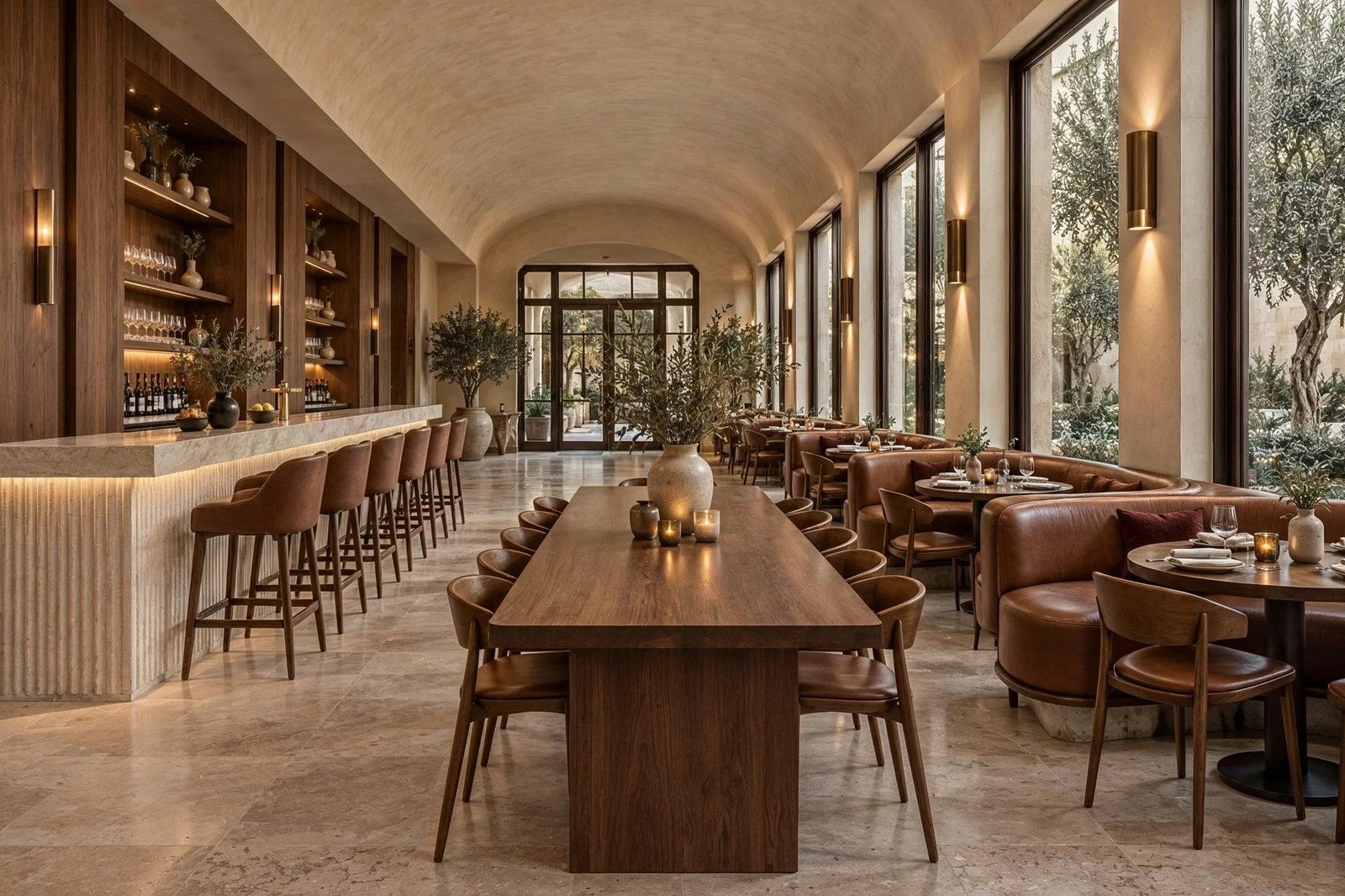 Ambra Restaurant — Reverse view along the dining room toward the travertine bar and courtyard glazing.