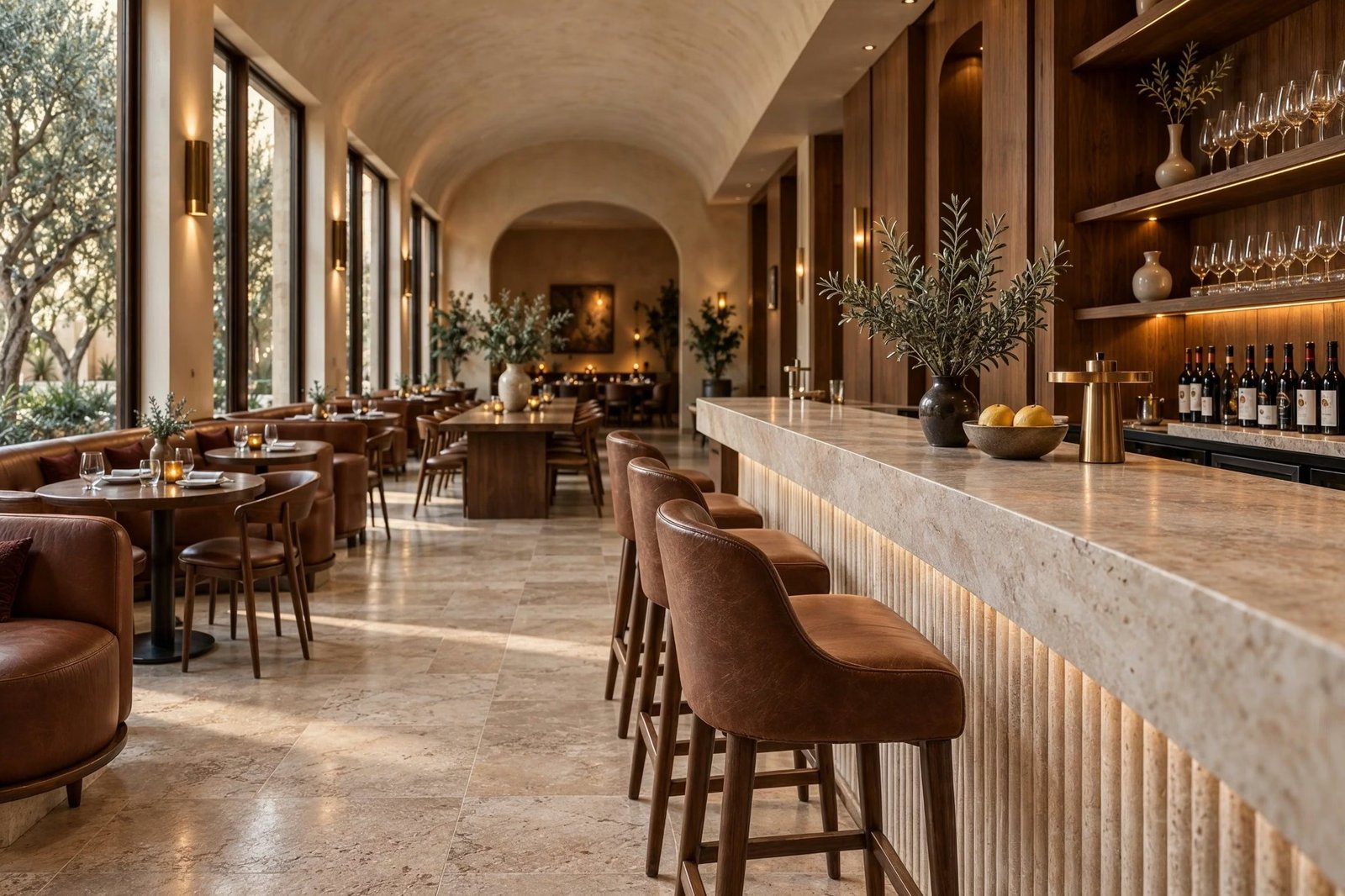 Ambra Restaurant — Fluted travertine bar with caramel leather stools and walnut display shelving.