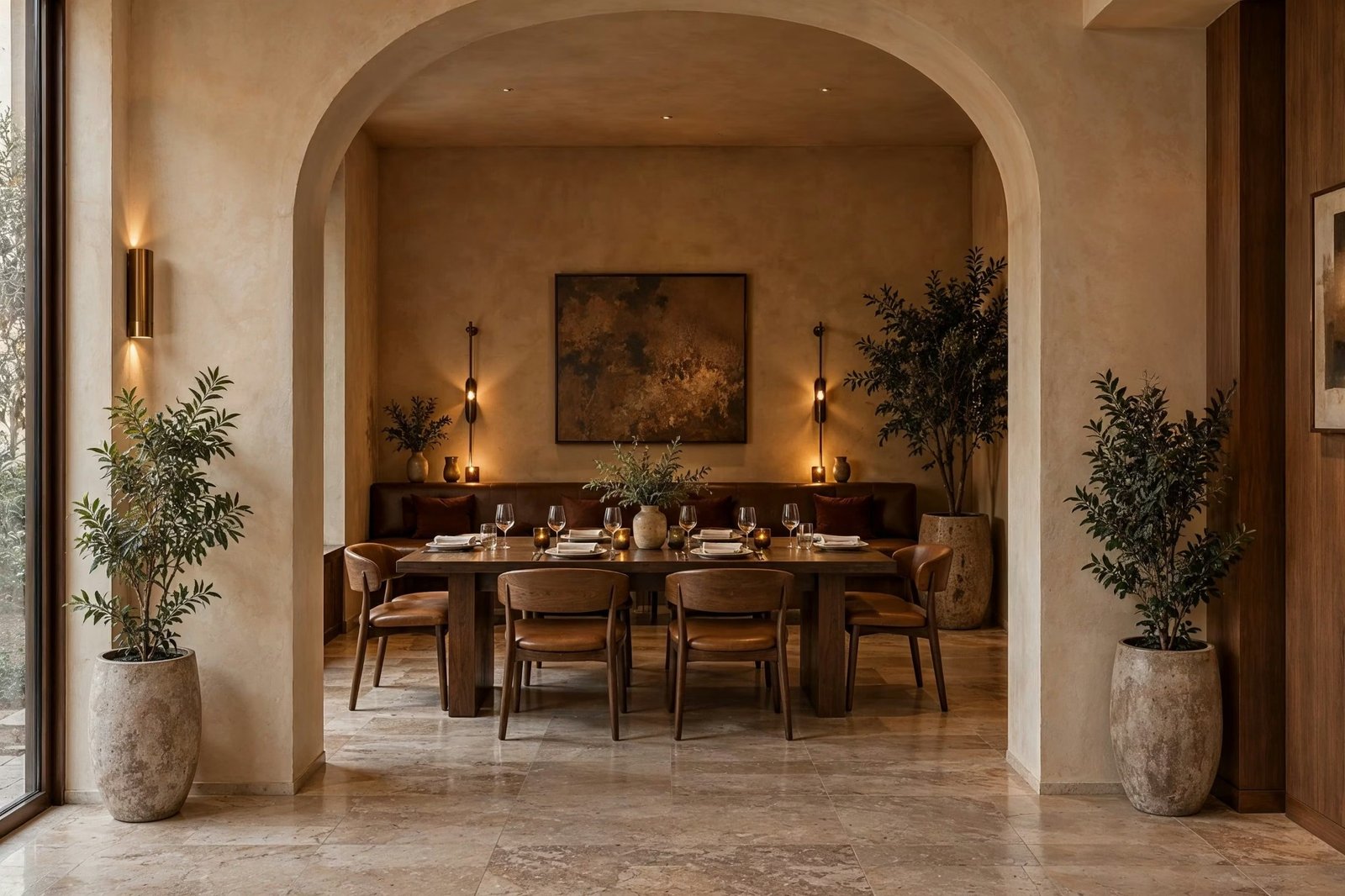Ambra Restaurant — Private dining alcove framed by a broad plaster arch, with walnut seating and bronze light.