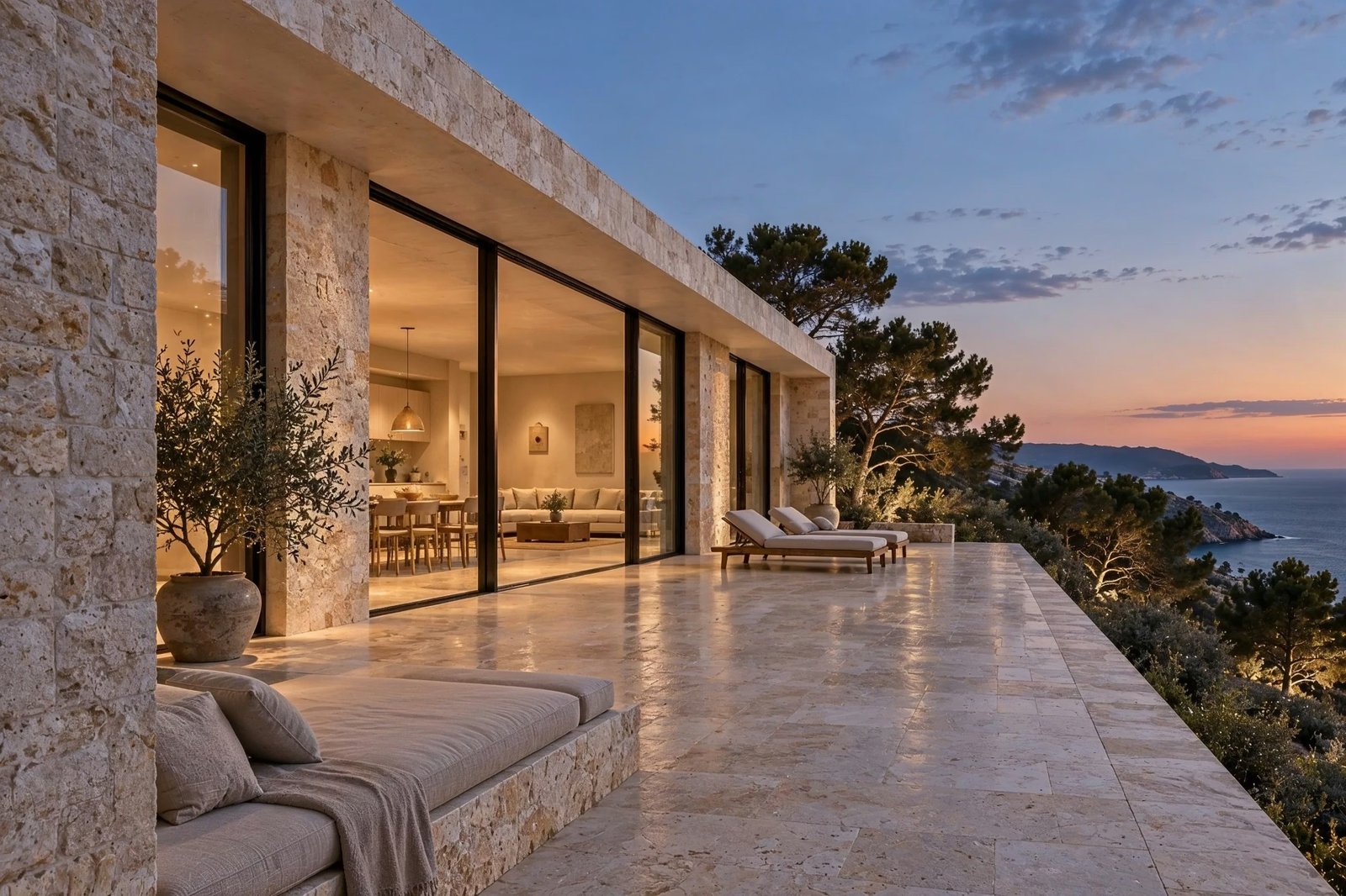 Littoral House — An oblique terrace view reveals the deep glazing at dusk.